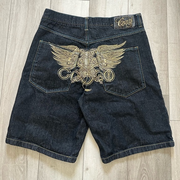 COOGI Other - COOGI Men's Dark Jean Shorts Baggy with Gold Wing Design Embroidery Size 38